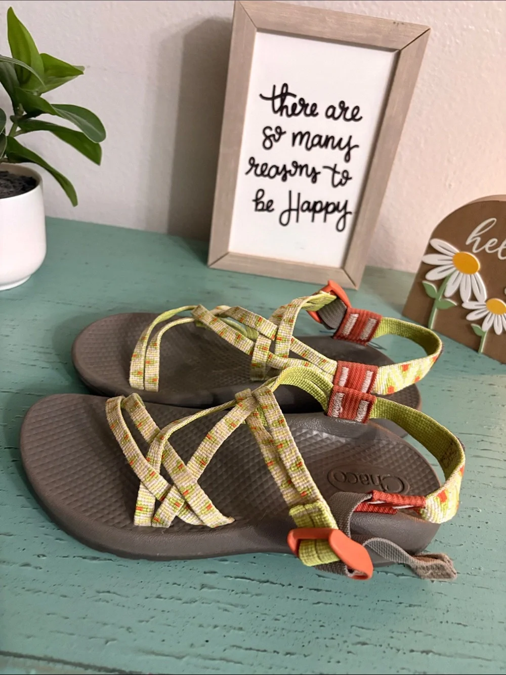 Chaco Yellow Multi-Color Strap Sandals with Brown Footbed